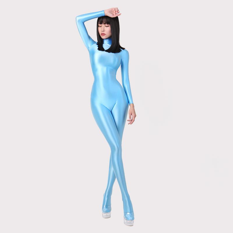 Shiny Satin Sexy Zentai Women Long Sleeve Bodysuit Full Length One-Piece Tights Silky Catsuit Black Jumpsuit Clubwear Streetwear
