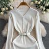 Autumn Winter Women Elegant V-neck Pearl Button Knitted Sweater White Office Work Slim Bodycon Sheath Dresses