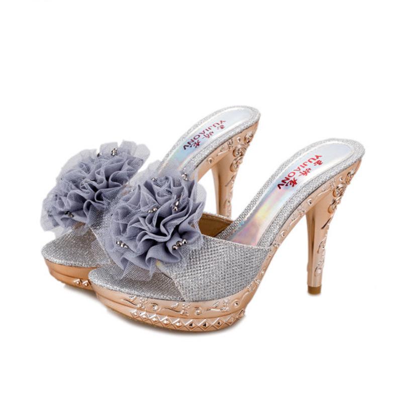 2020 new summer flower cool slippers sexy fish mouth nightclub stiletto women's shoes