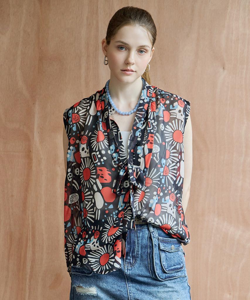 MAXZA Art Flower Tie Sleeveless Blouse
