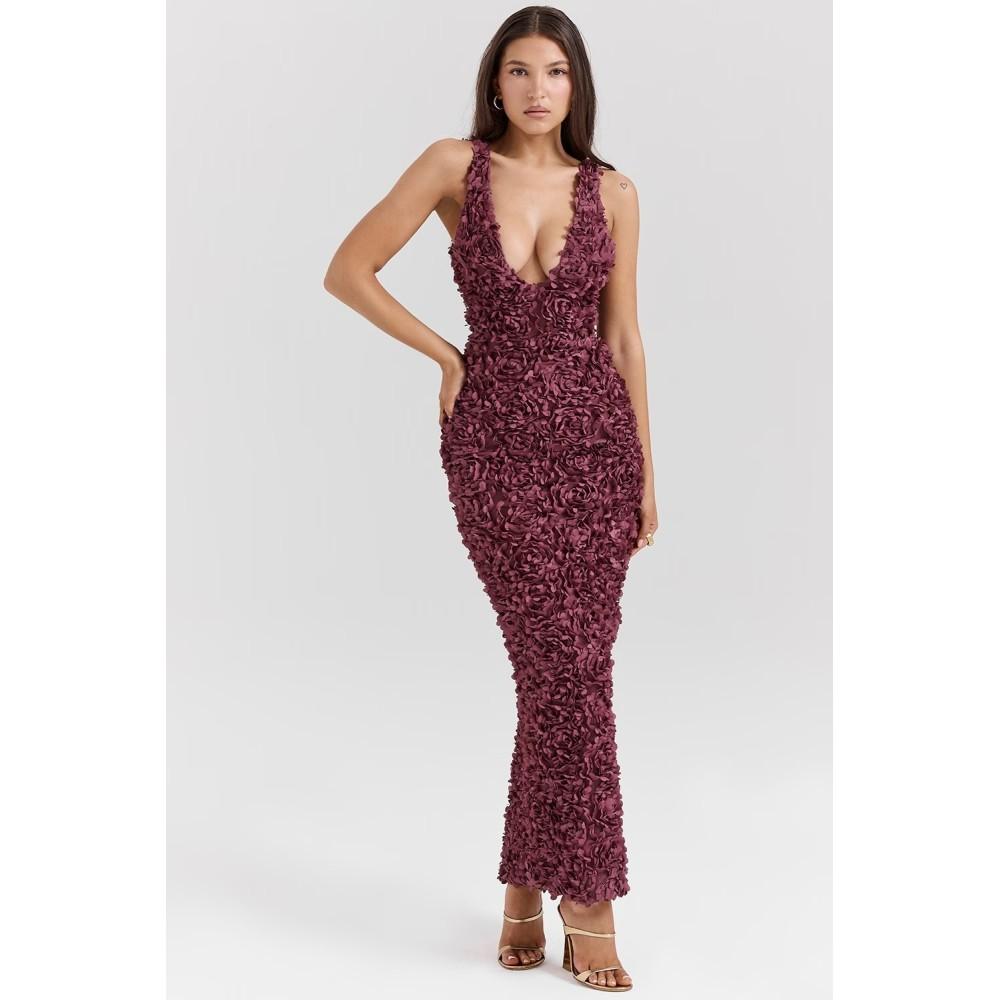 Elegant 3d Flower Halter Long Dress Women Slim Sleeveless Backless Pleated Holiday Dresses 2024 Summer Lady Solid Cotton Robes