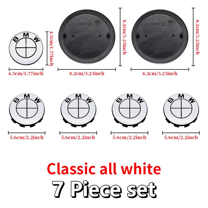 7Pcs Car Front Hood Emblem Wheel Hub Caps All White Logo For BMW M Logo G30 G31 G38 G11 G12 G20 G28 F10 F48 F49 G01 F20 F21 F22