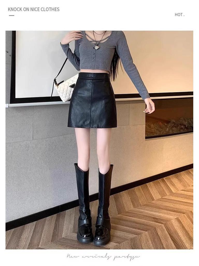 Women's High-Waist Black PU Leather A-Line Skirt – Autumn/Winter 2023, Korean Style, Slim Fit, Anti-Exposure, Short Length