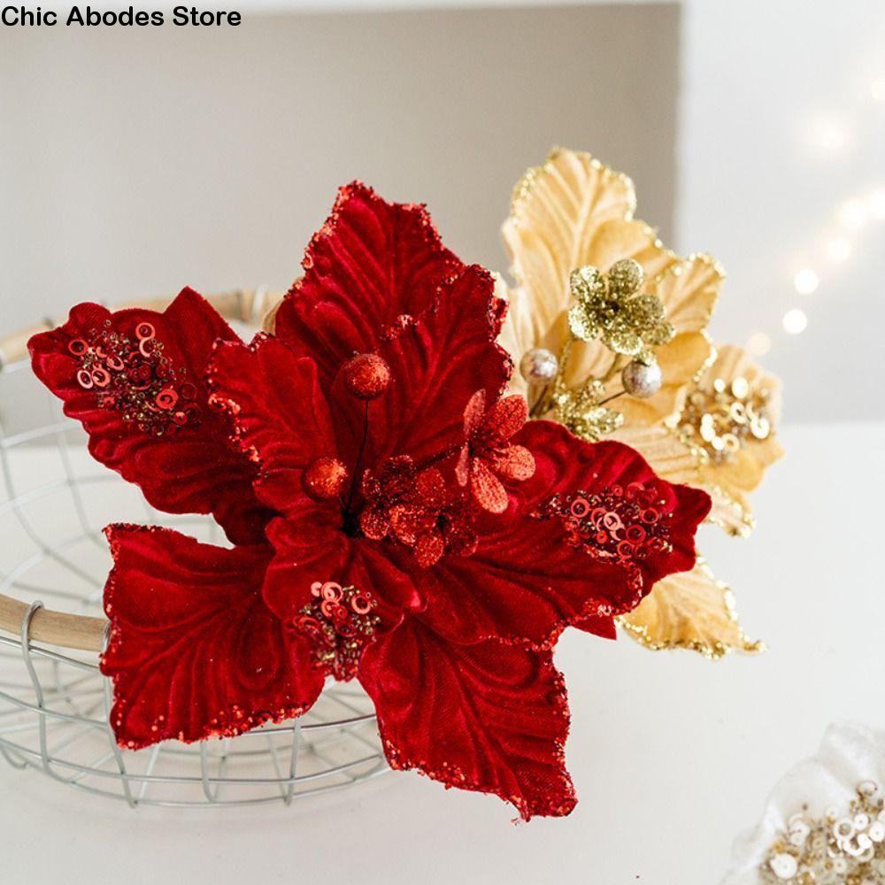 22cm Christmas Glitter Flower Simulation DIY Artificial Poinsettia Flower Realistic Hanging Christmas Tree Decorations