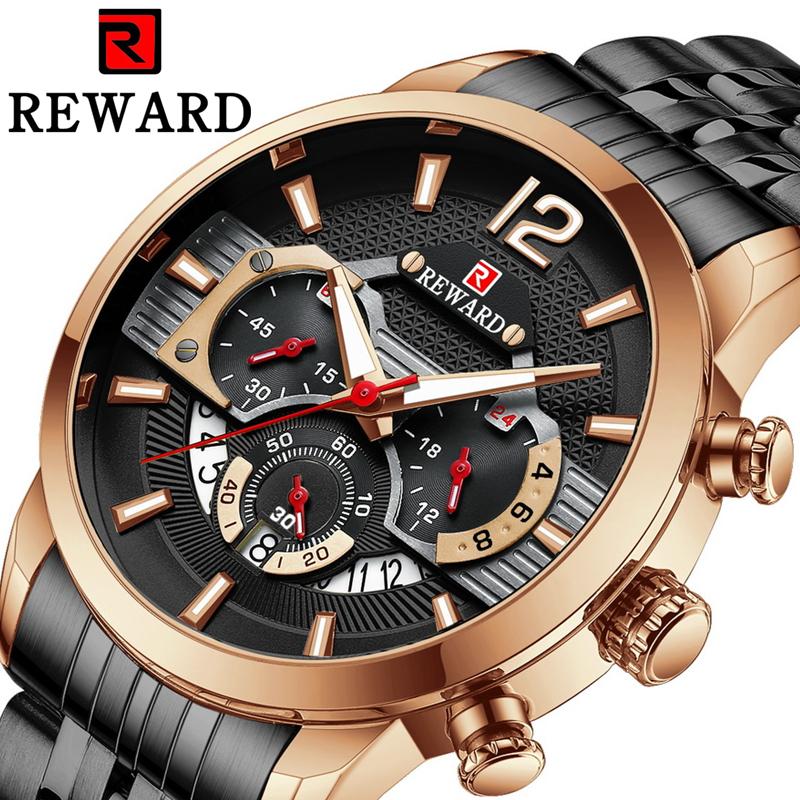 

Мужские спортивные часы Reward, водонепроницаемые светящиеся пятибусины, твердый стальной ремешок, многофункциональные мужские часы с хронографом и календарем