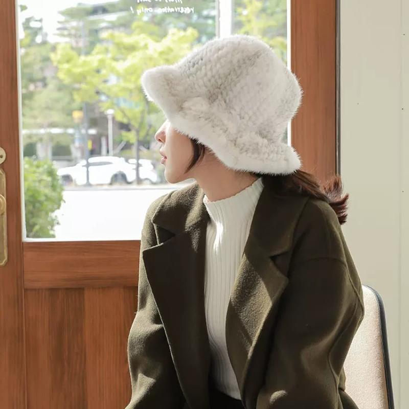 Mink Fur Hat Women's Winter Warm Fashion Mink Woven Bucket Hat Basin Hat Top Hat Show A Little Trend