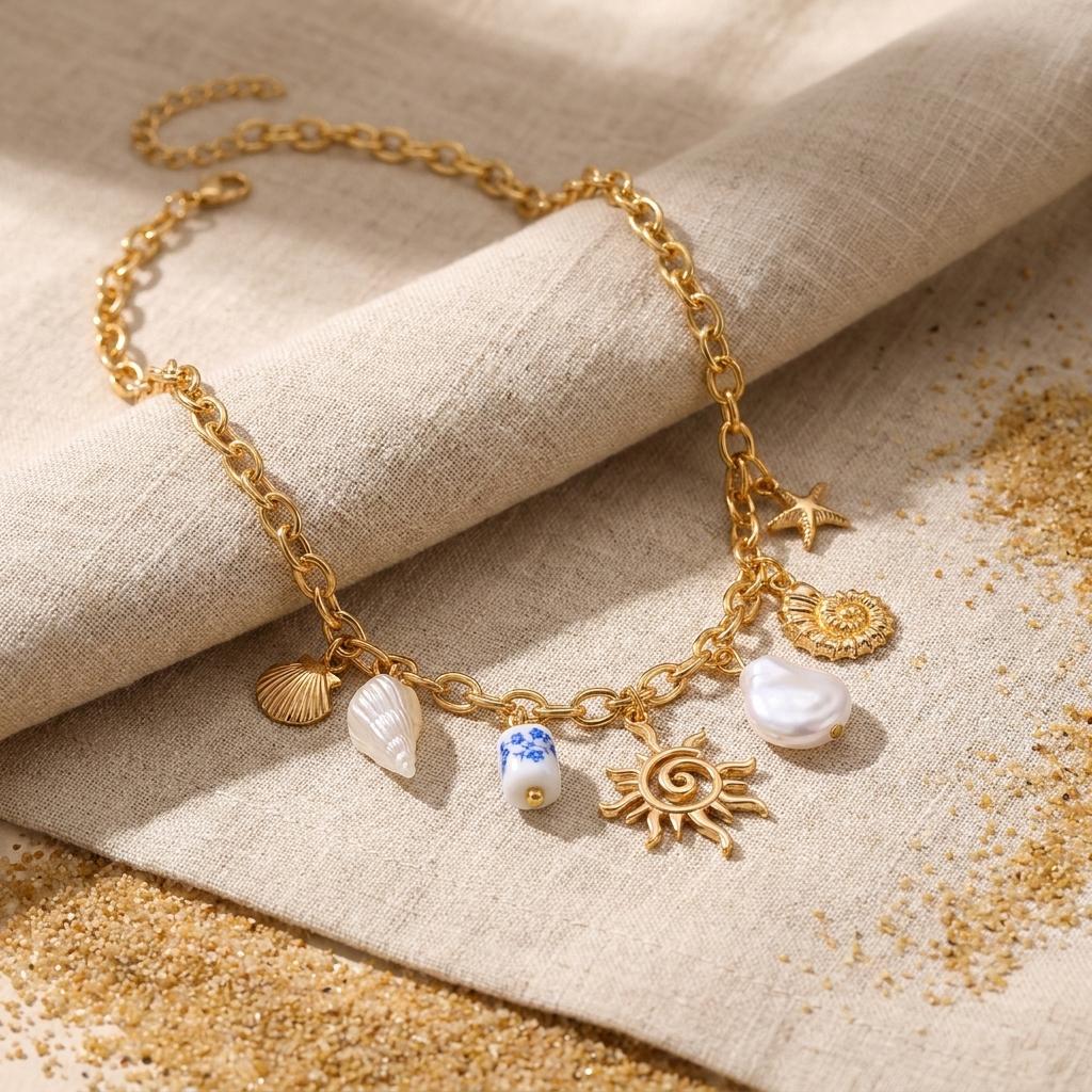 Bohemian Imitation Pearl Beaded Chain Necklace for Women Ocean Series Starfish Shell Conch Pendant Choker Beach Party Jewelry