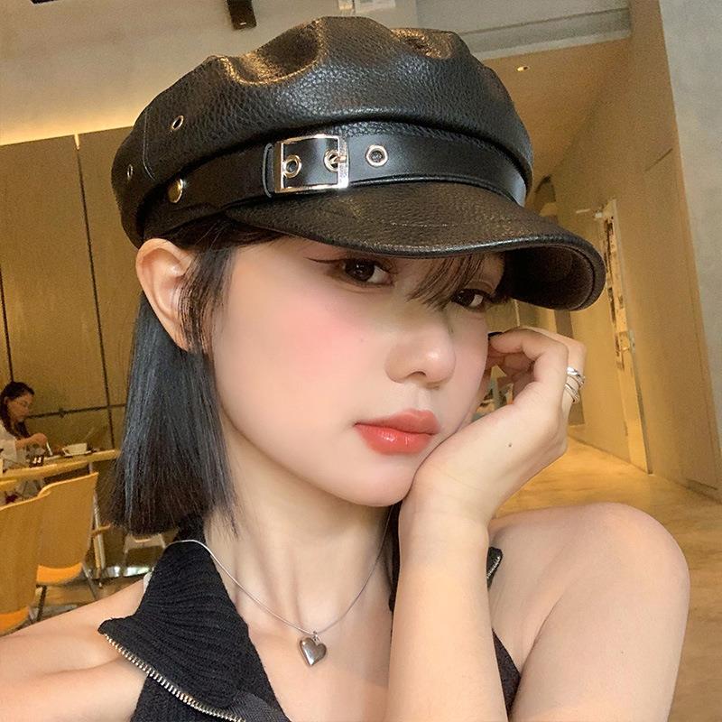 Fashion Women Berets Black Pu Leather Flat Top Newsboy Caps Vintage Sunscreen England Flat Y2k Gils Punk Style Beret Caps