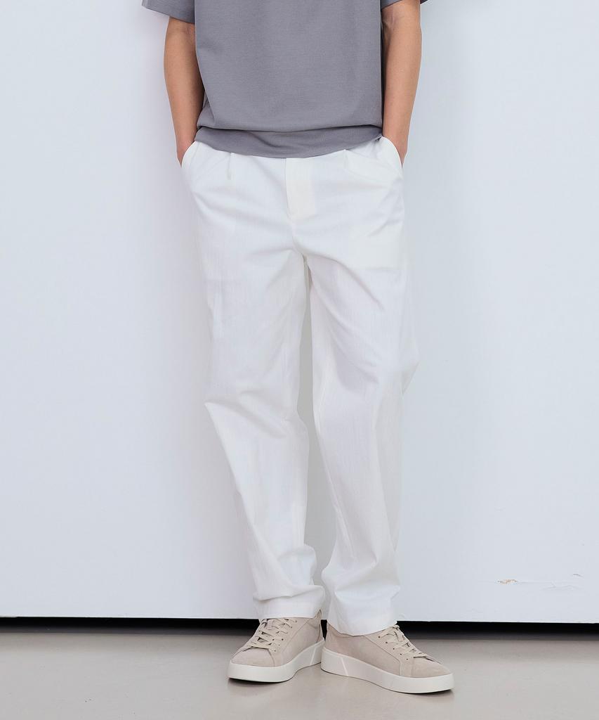 MINDBRIDGE White One-Pleat Relaxed Fit Linen-Like Elastic Pants