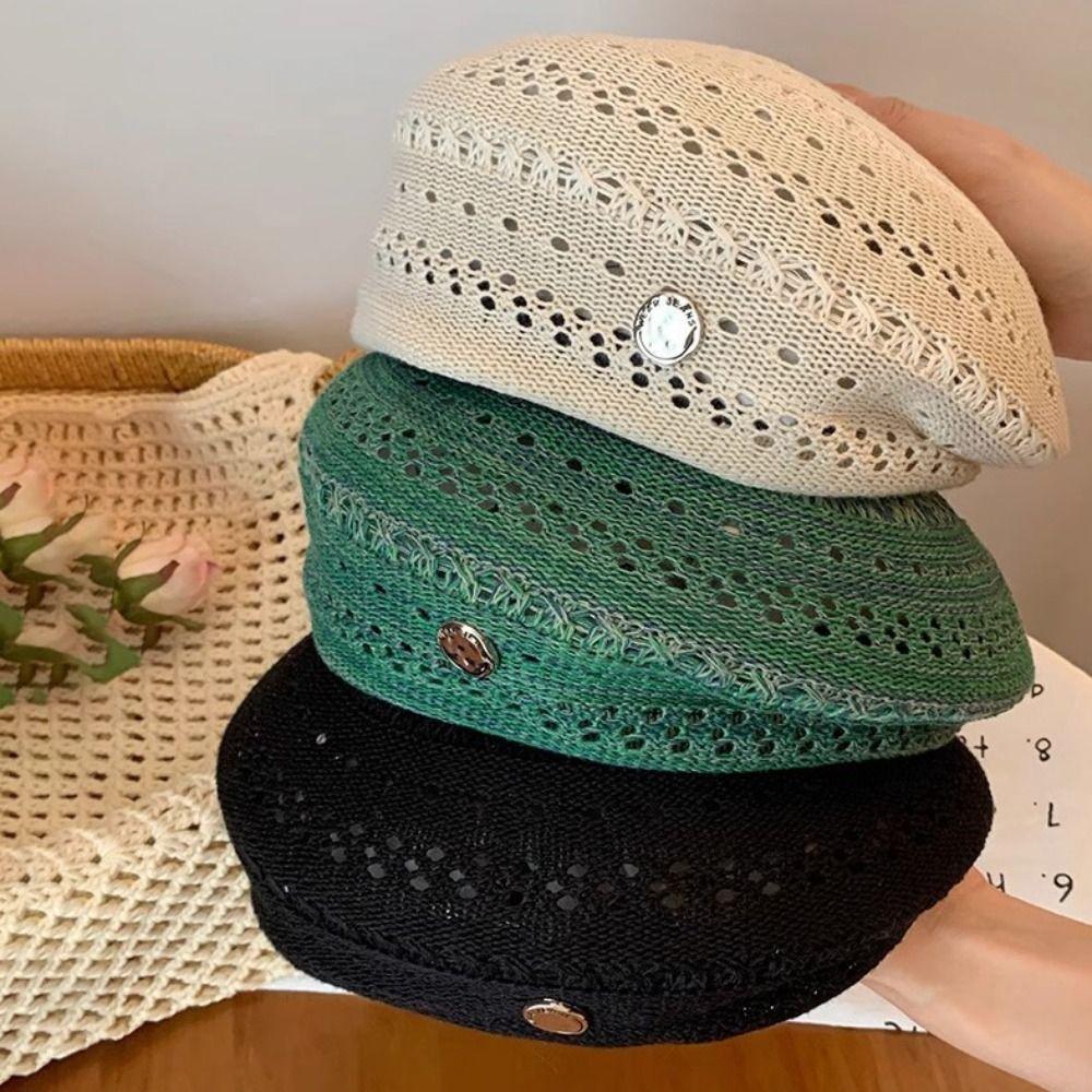Japanese Style Hollowed Out Beret Hat Vintage Crochet Knitted Cap Weave Painter Hat Holiday