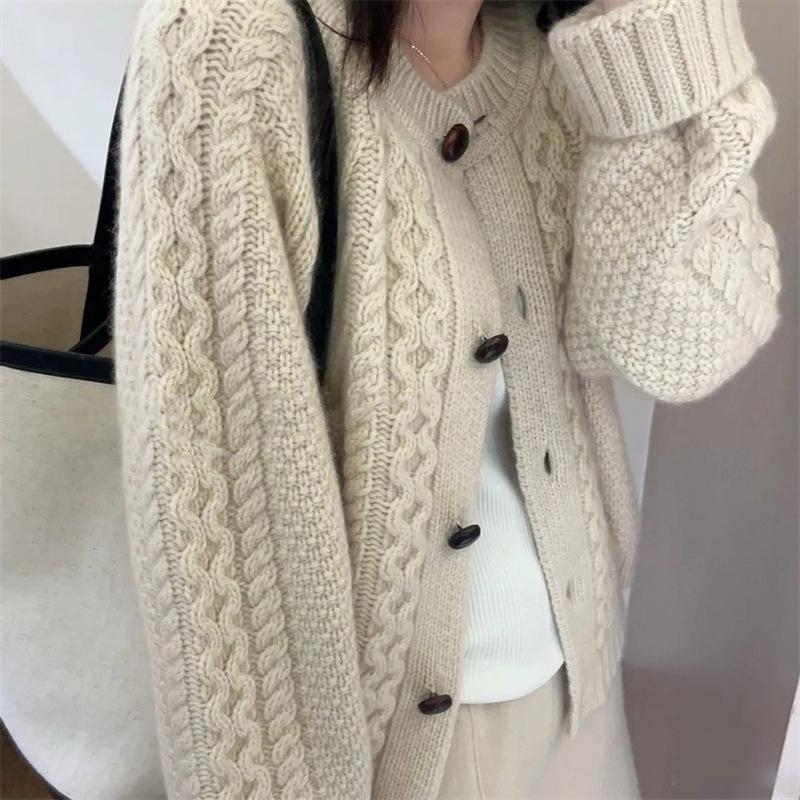 2025 A/W Women's 100% Pure Wool Round Neck Loose Cardigan Sweater