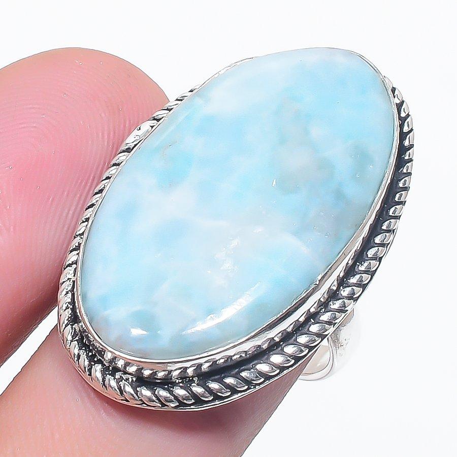 Natural Larimar Gemstone Handmade 925 Sterling Silver Jewelry Ring Size 7.5 K6p84