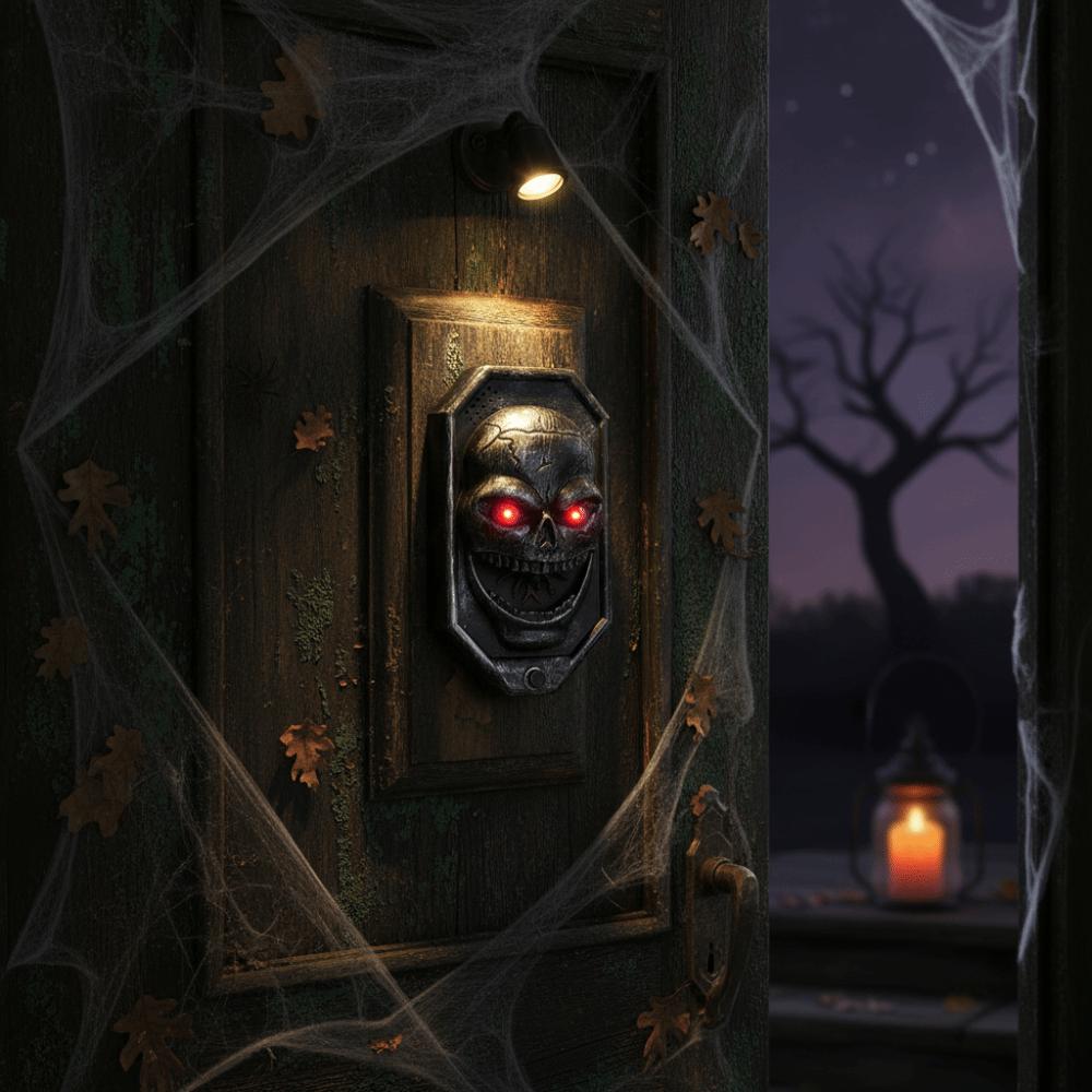 Vokální Halloweenská Kostra Rekvizita Bateriově Napájené LED Svítící Oči Mluvící Duch Zvon Tajemná Místnost