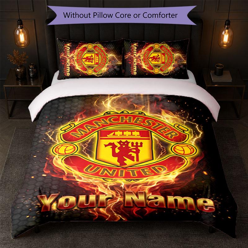 Juego de Ropa de Cama Personalizado Manchester United con Nombre y Texto 1 Funda Nórdica + 2 Fundas de Almohada Logo de Fútbol Regalo Personalizado para Ocasión Especial Decoración de Dormitorio