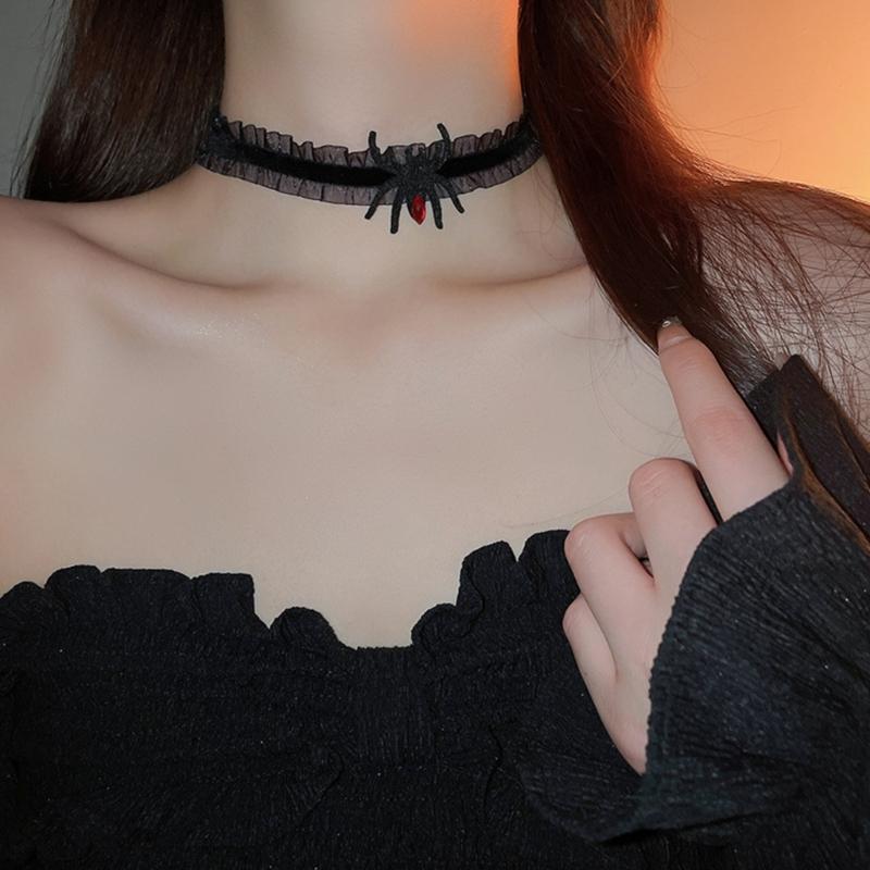 Gargantilha de Halloween para Mulheres Menina Elegante Sexy Renda Preta Gargantilha Cool Steampunk Aranha Colar Joia Presente Mulheres