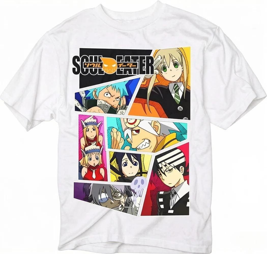 White Soul Eater T-Shirt with Main Characters Collage and Anime Logo Print 4XL