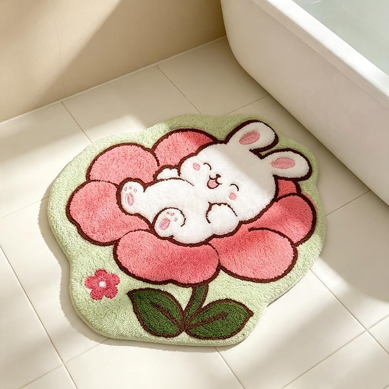 Cute Rabbit On Flower Shaped Plush Bath Mat Non Slip Absorbent Cartoon Animal Bedroom Bathroom Floor Decor Rug