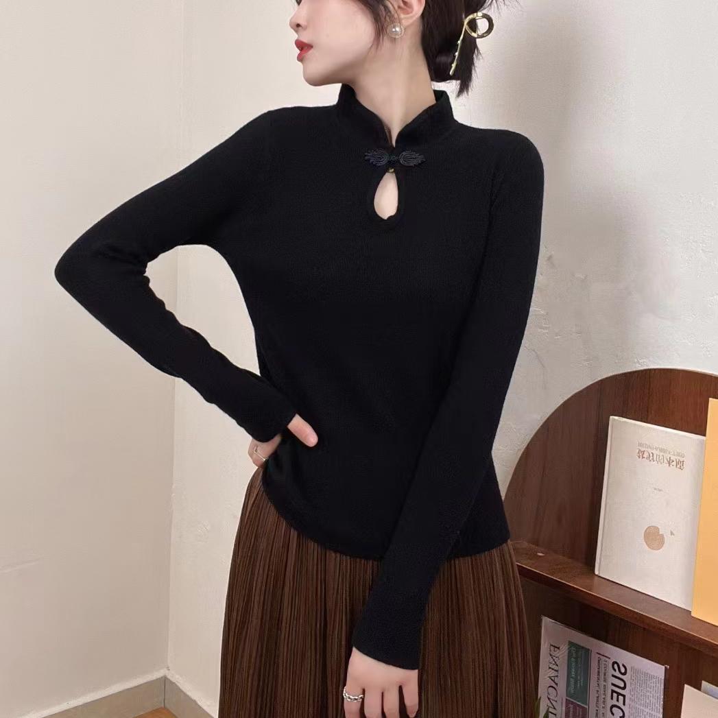 

Bottom shirt women s long-sleeved stand-up collar elegant intellectual high-end design national button-up knitted top women s 47-254 (average size) чорний