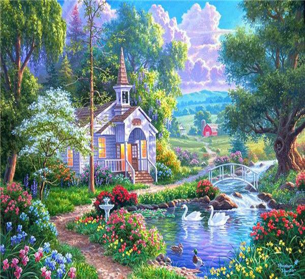 RUOPOTY Oil Painting By Numbers Lake Landscape Handpainted Unique Gift Pictures By Numbers Pavilion Spring For Adults Home Decor