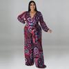 Womens Plus Size Printed Long Sleeve Jumpsuit 2025 Soft Milk Silk Knit Wide Leg Straight Cut Comfortable Outfit Casual Daily Wear