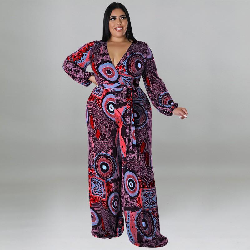 Womens Plus Size Printed Long Sleeve Jumpsuit 2025 Soft Milk Silk Knit Wide Leg Straight Cut Comfortable Outfit Casual Daily Wear