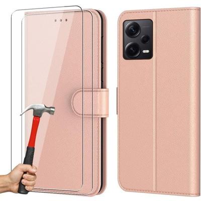 Wallet Case for Redmi Note 12 Pro 5G Pink Leather Effect + 2 Scratch-Resistant Tempered Glass