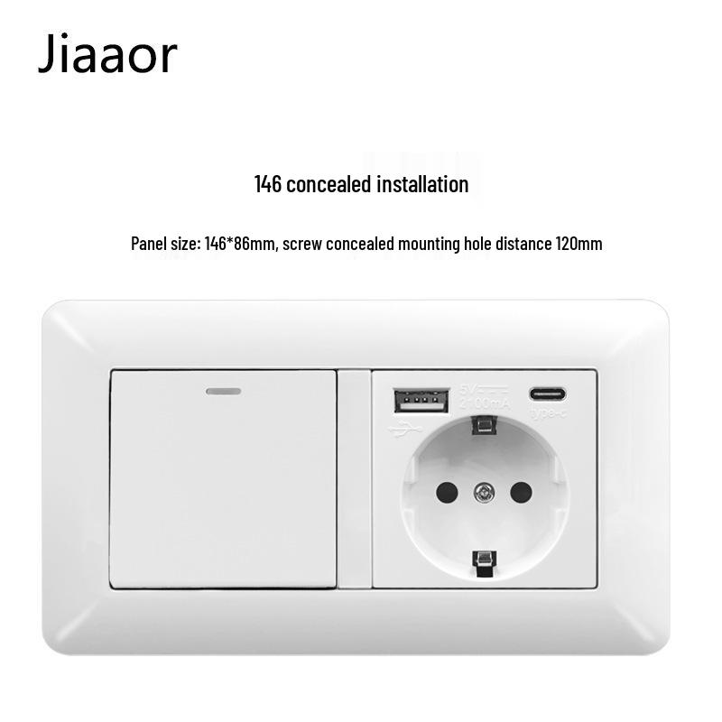 16A White German-Style Double Gang Wall Socket Panel with USB & Type C, European Standard.