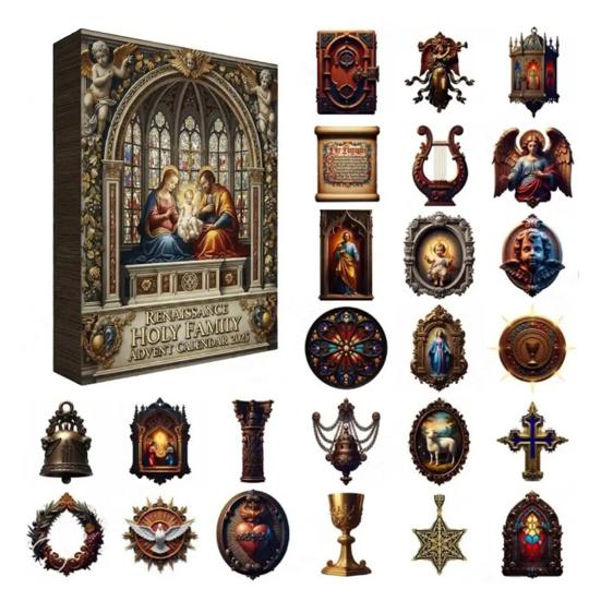 Renaissance Holy Family Advent Calendar 24-Day Christmas Countdown Box with Biblical Nativity Scene Ornaments