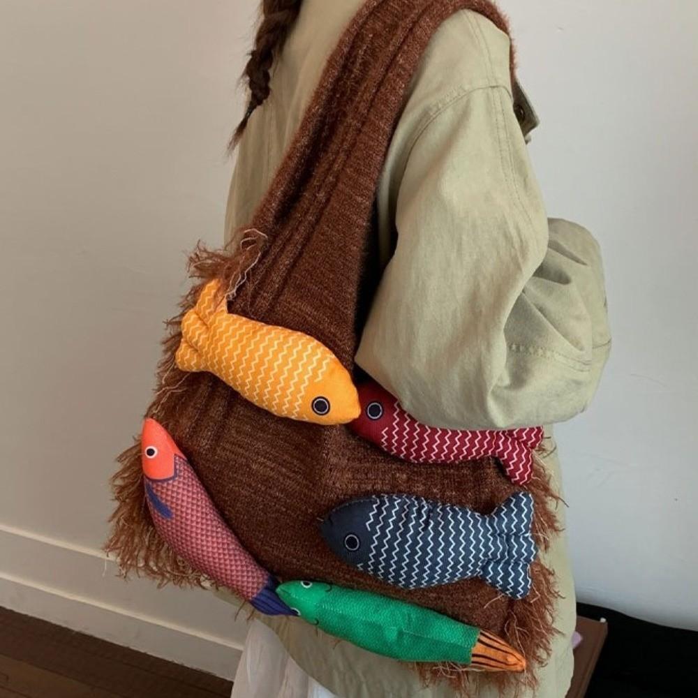 Large Capacity Knitted Tote Bag Casual Boho Shoulder Bags Fish Pattern Woven Bag  Gift Idea