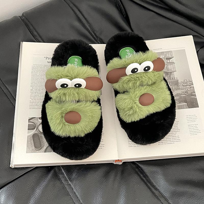 Fashion Versatile Cute Cartoon Soft Cotton Plush Slippers Women's 2025 Autumn and Winter New Outer Wear Fluffy Slippers