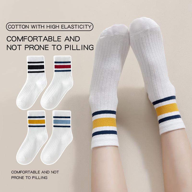 4 Pairs Kids Striped Mid Calf Socks Spring Autumn Versatile School Comfortable Cotton Childrens Hosiery 2-3T