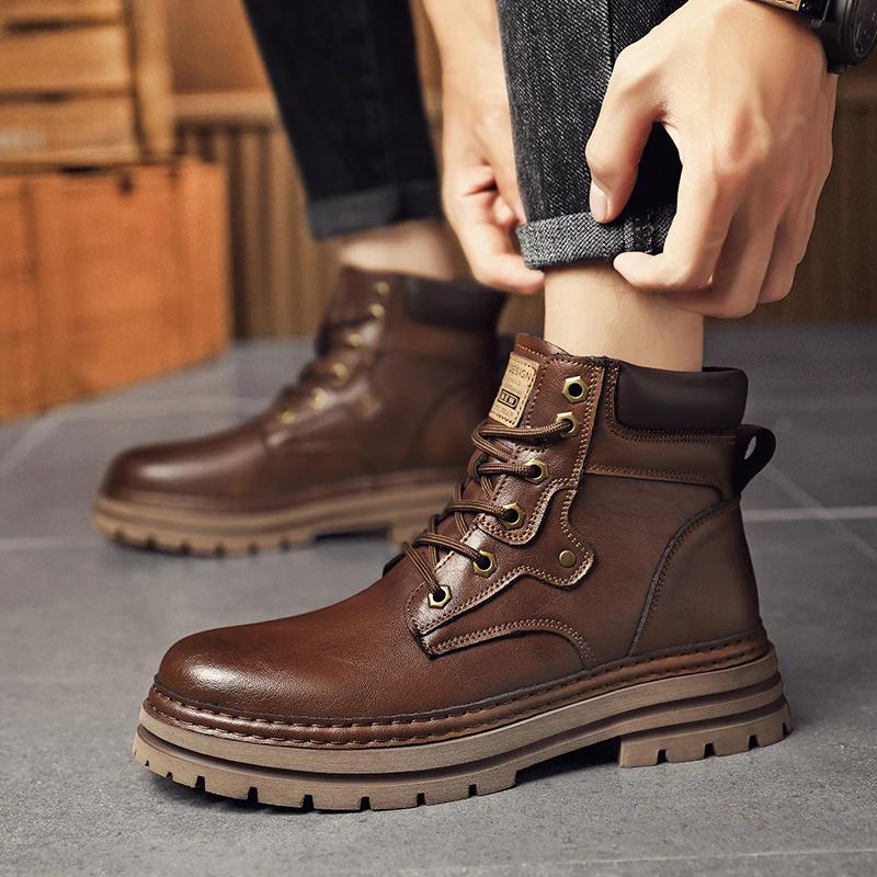 Módní zimní základní boty Pánské šněrovací retro hnědé kotníkové boty z kůže, outdoorové sportovní kovbojské boty s fleecovou podšívkou, sněhové boty