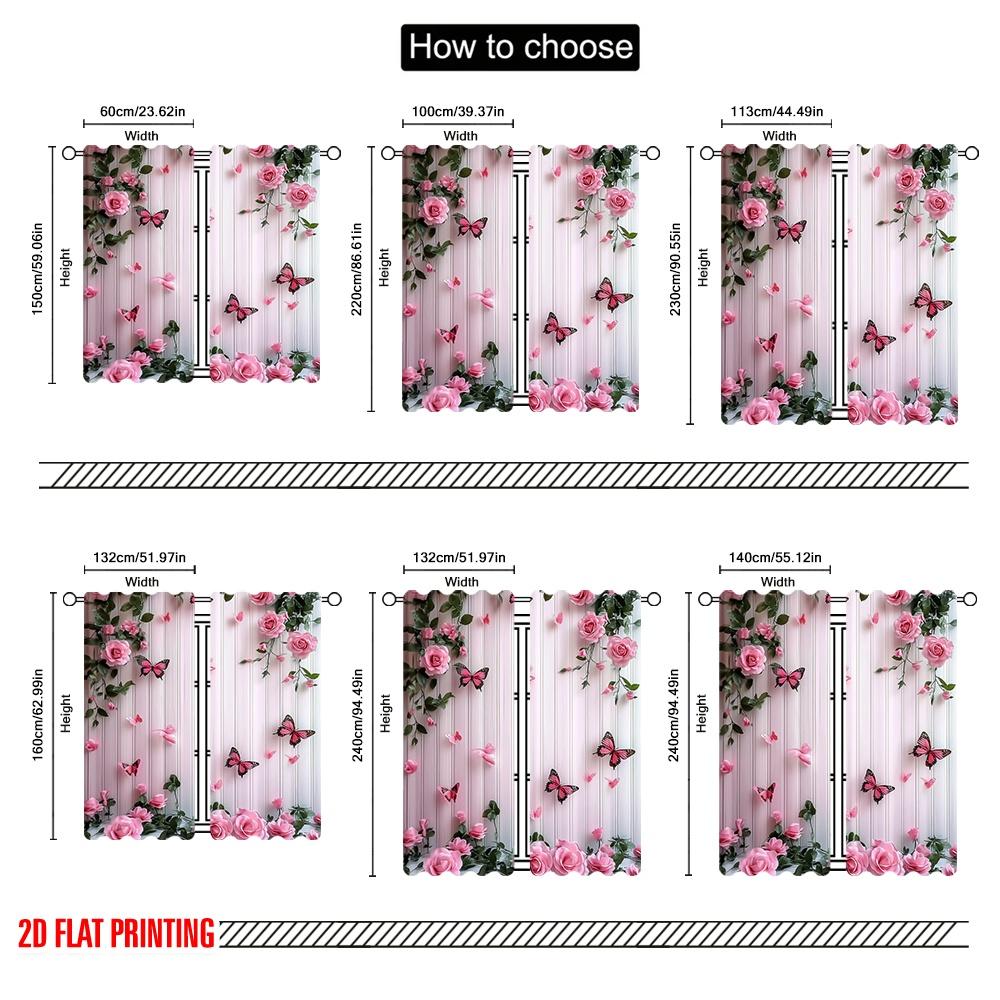 2pcs Curtain Butterfly and Pink Rose Durable 100% Polyester Fabric,Without Electricity Versatile Perfect for Holiday Decor