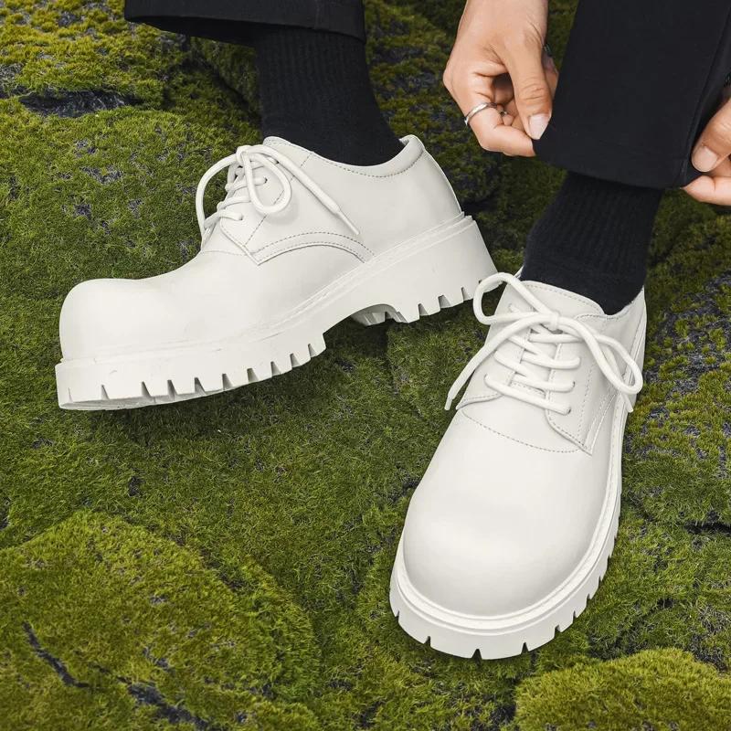 Thick Sole Casual Genuine Leather Dress Shoes Men Platform Heighten Japan Harajuku Korean Streetwear Fashion Shoes for Men White