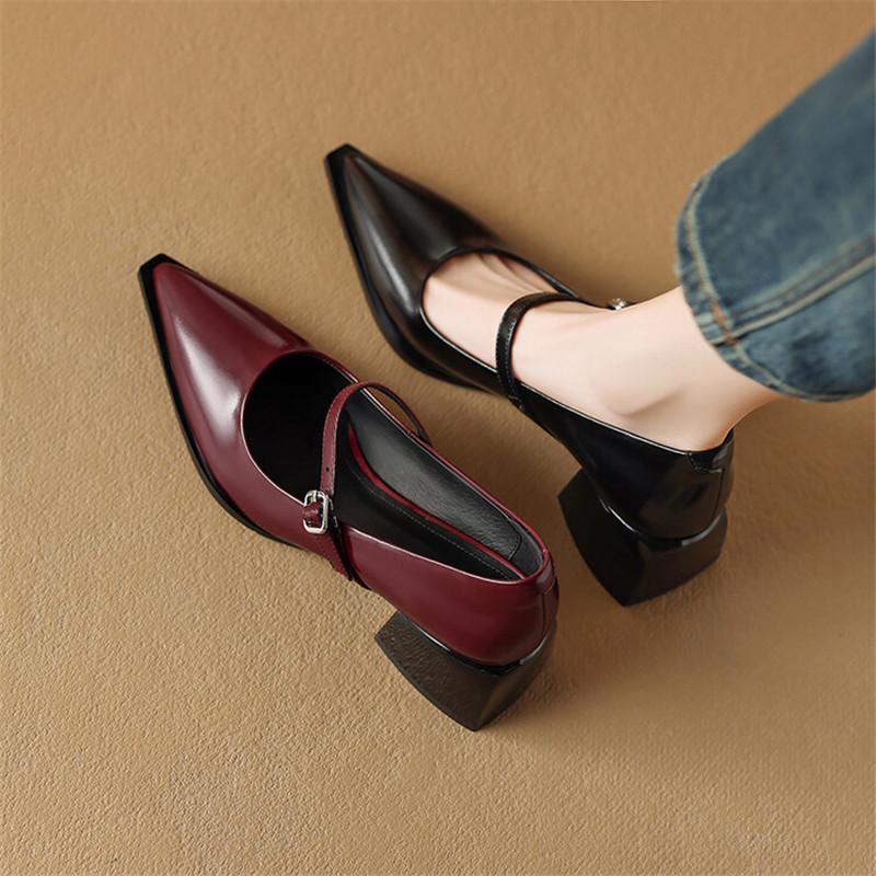 Fashion New Spring Split Leather Women Shoes Pointed Toe Women Pumps Fashion Retro Mary Jane Shoes for Women High Heels Ladies Shoes