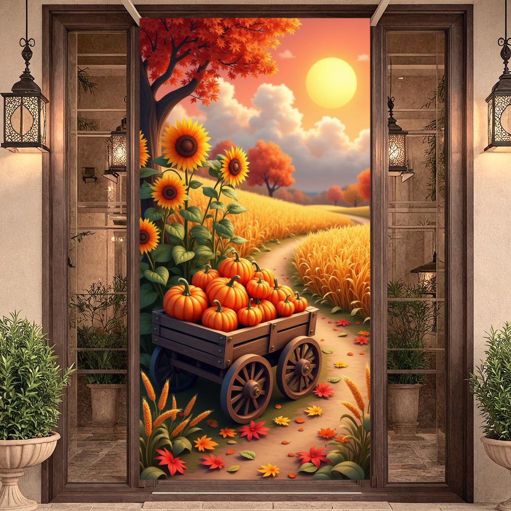 Outdoor Decor Pumpkin Cart Seasonal Banner Sunflower Decor Wooden Cart Pumpkin Design For Halloween Party Seasonal Decor