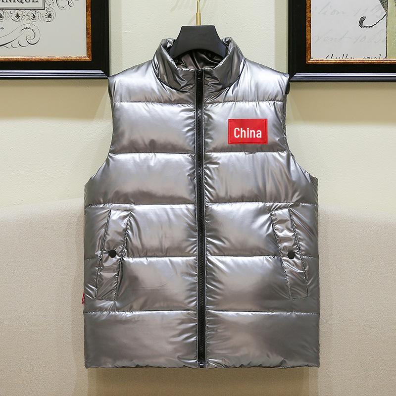 Herren Weste im Europäischen Stil, Glänzend, Ärmellos, Daunen-Baumwolle, Lässig, Stehkragen, Übergröße