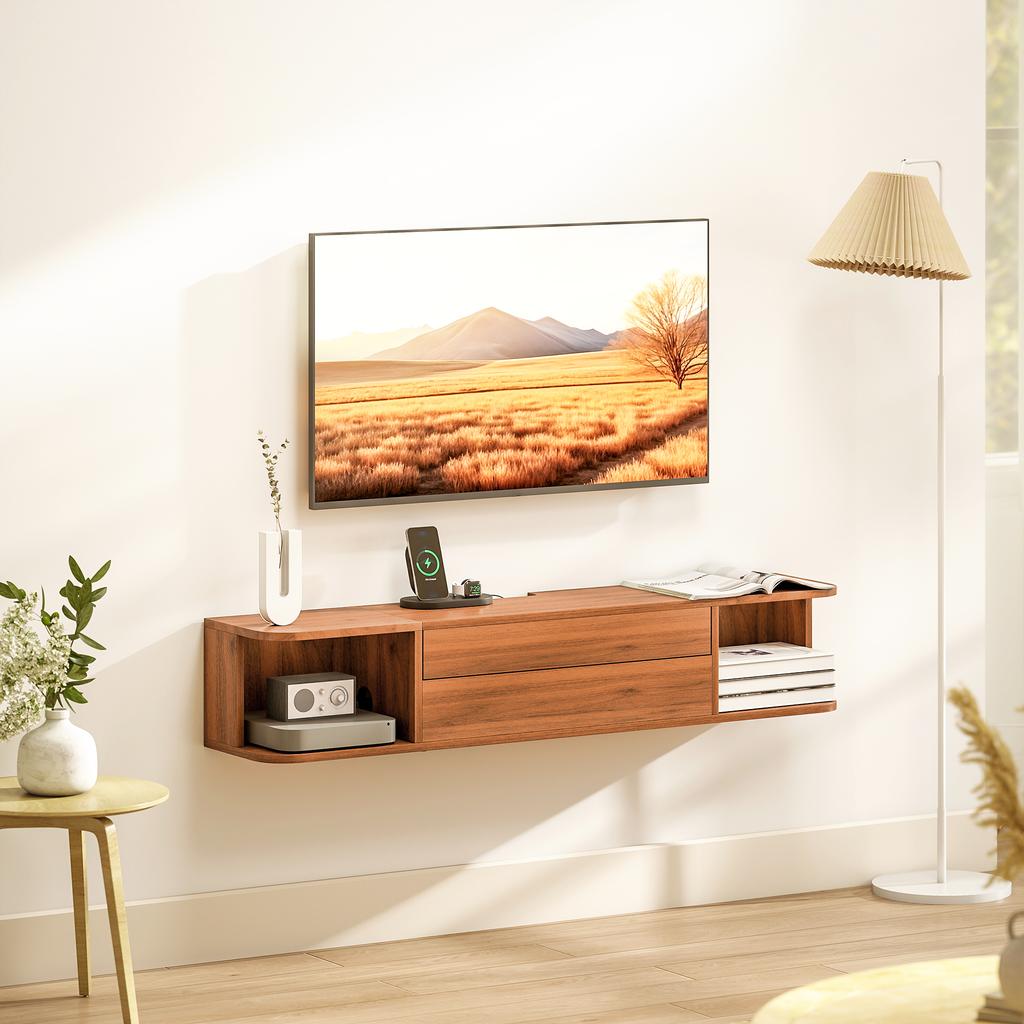 Wall-Mounted TV Cabinet for TVs Up To 50" with Power Outlets, USB and Type C, Drawer and Shelves, 120x24x22.4 Cm, Walnut