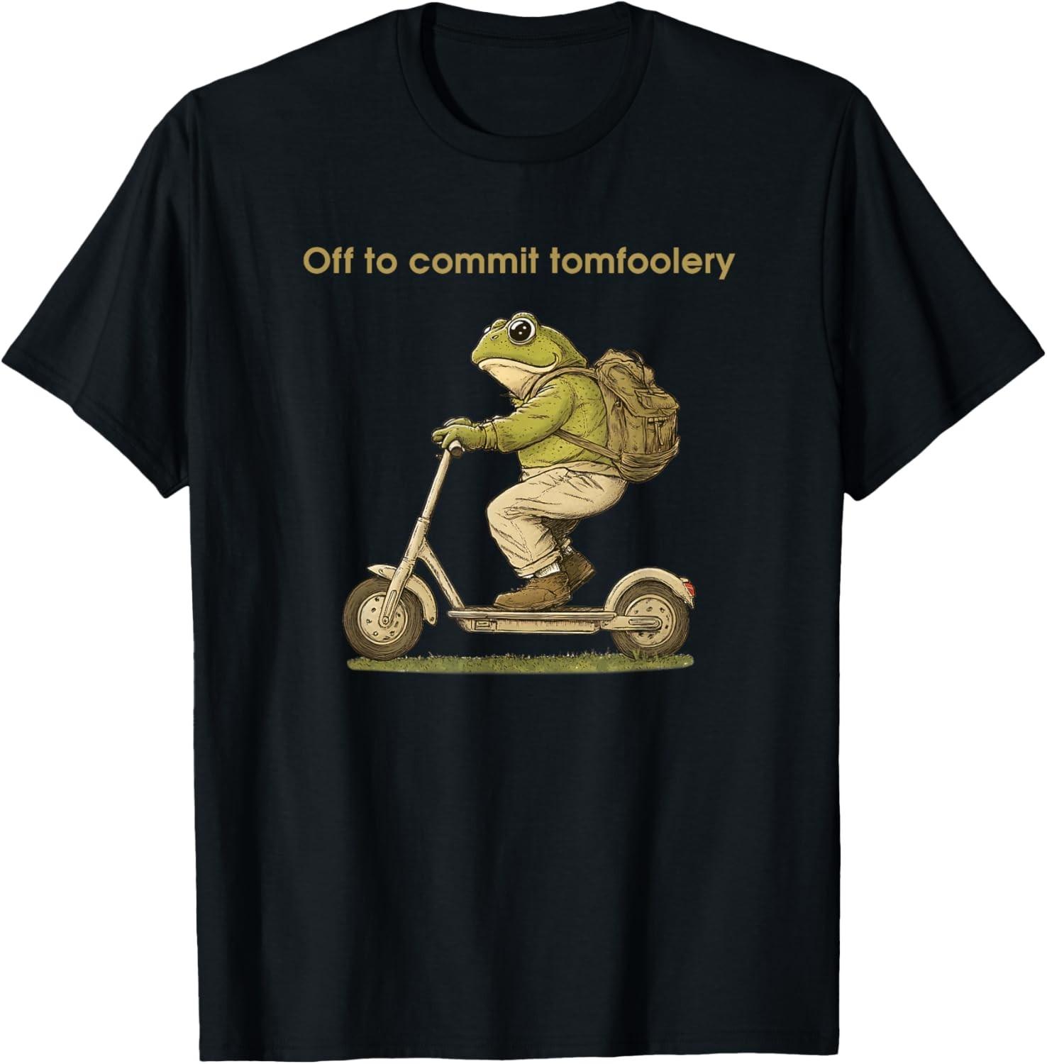 Off To Commit Tomfoolery Funny Frog Toad Scooter T-Shirt S