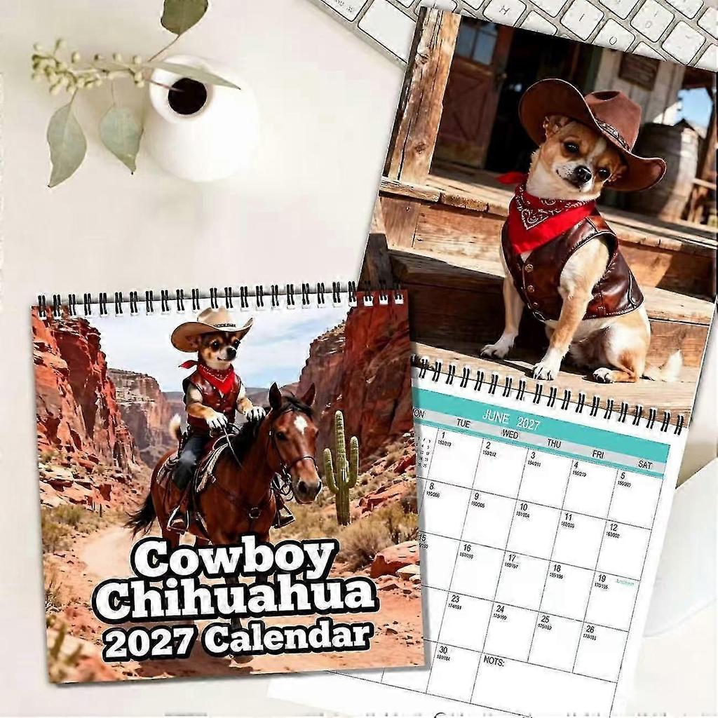 12 Months 2027 Western Cowboy Chihuahua Wall Calendar, Funny Wild West Themed Art Calendar, Hanging Monthly Planner for Home Office Decor