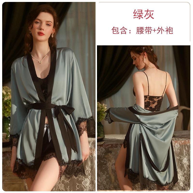 Women's Lace Sheer Deep V Cami Sleepwear with Tie Robe for Summer