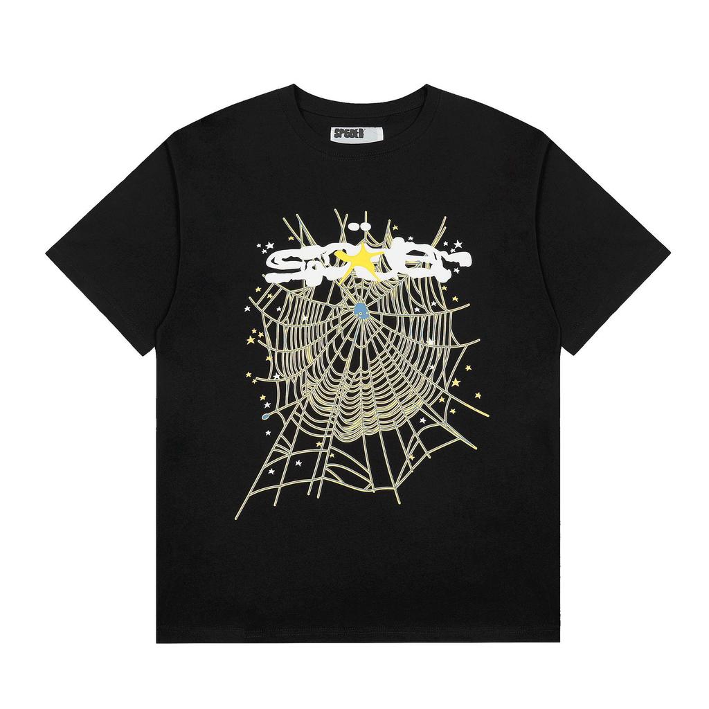 Foreign Trade Meichao Sp5der555555 Spider Web Printing Summer Loose Trend Men's and Women's Couples Short Sleeve T-Shirt Summer