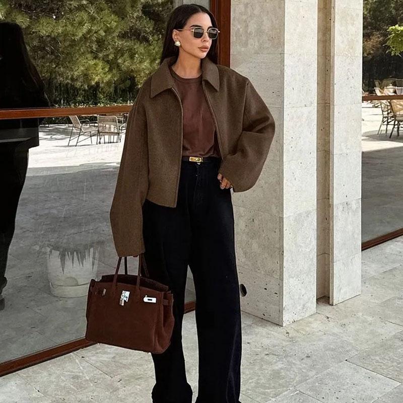 Dámská polokošilová bunda Jednobarevná Flip Límec Zip Dlouhé rukávy Krátká bunda Elegantní Retro Kabát Dojíždění Běžné Oyerwear Jaro Podzim