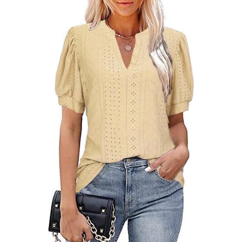 QICED Moda feminina casual cor sólida estampa manga curta blusas e camisas com decote em V