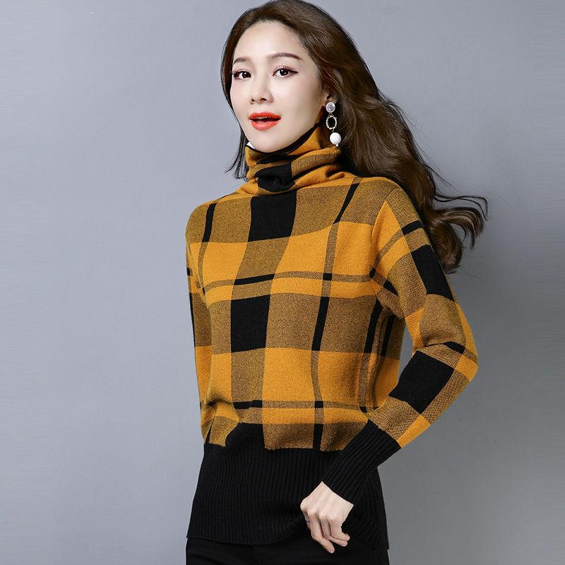 

Кашемировый свитер Осень Зима Свитер с высоким воротником Женский Клетчатый Свободный Теплый Утолщенный Базовый Топ S жёлтый