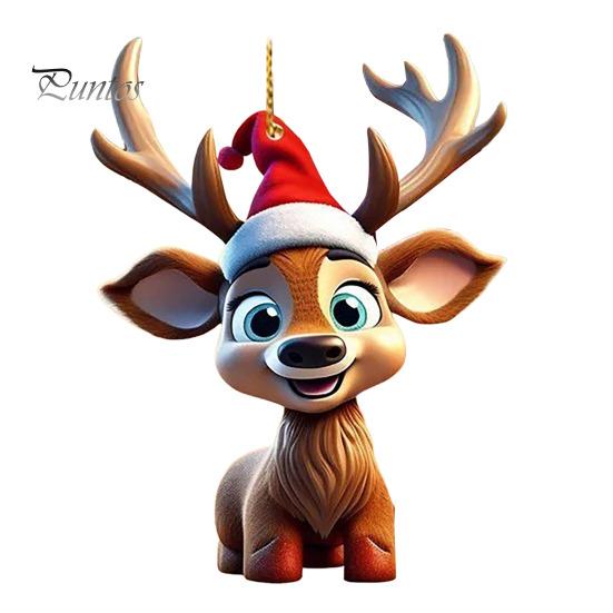 Colgante de ciervo navideño de acrílico 2D, adorno colgante de reno plano, gorro de Papá Noel de dibujos animados, colgante de reno para decoración del árbol de Navidad del hogar