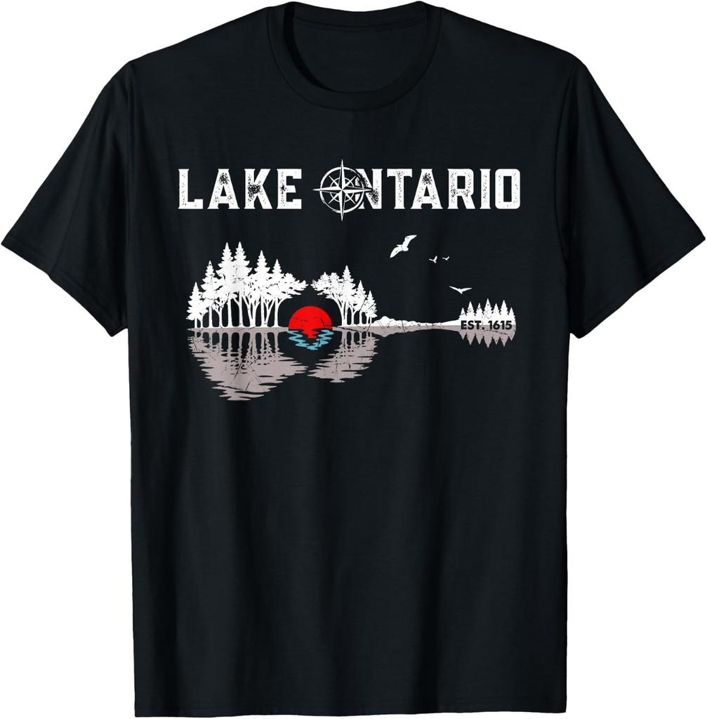 Lake Ontario Guitar Trees Water Reflection Retro Music Lover T-Shirt