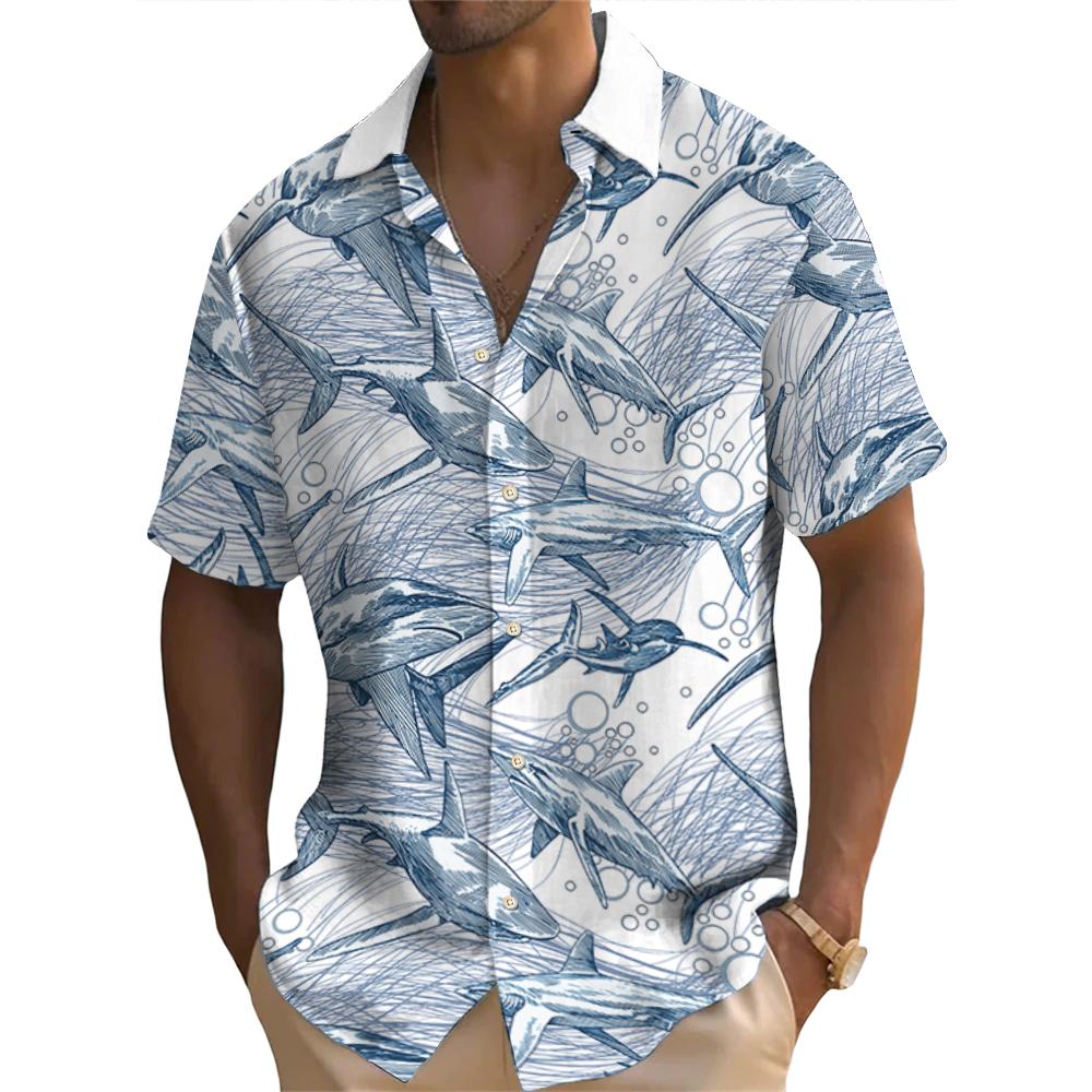 Hawaiian Shirt For Men Shark Pattern Short Sleeved Shirts Casual Men's Streetwear Summer New Loose Tops Oversized Original Shirt