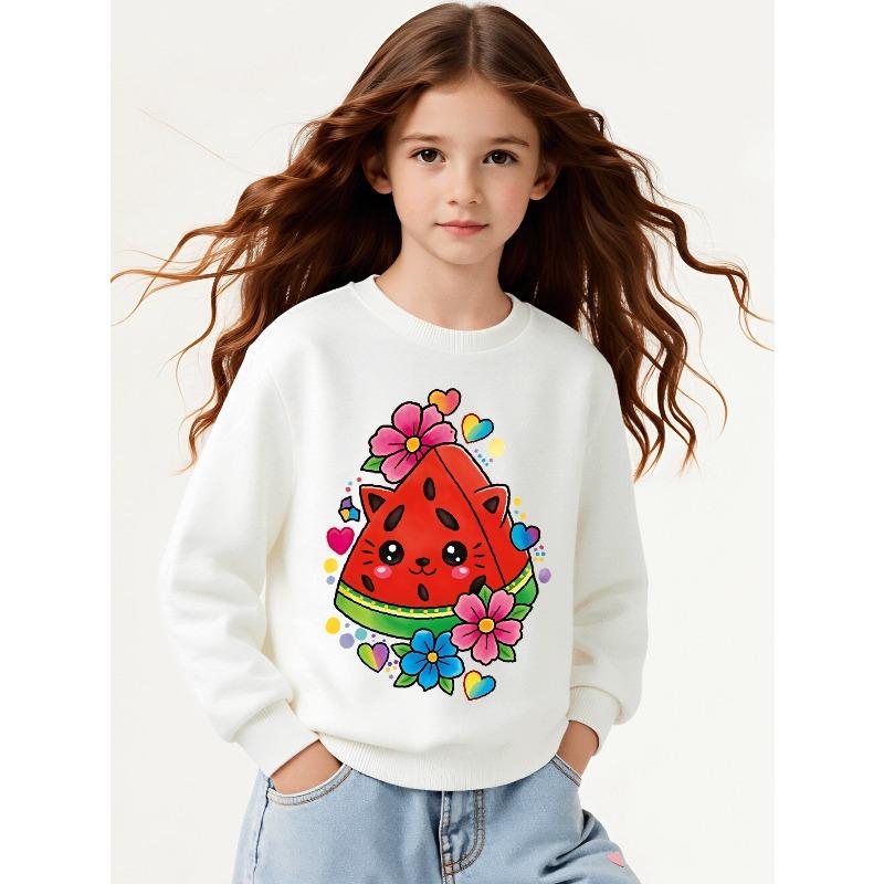 Kids Sweatshirt,Crew Neck Fashion Top, Fun"Cute Watermelon Cat Flower Hearts "patterned Sweatshirt, for Everyday Casual Wear,Casual Daily Sweatshirt