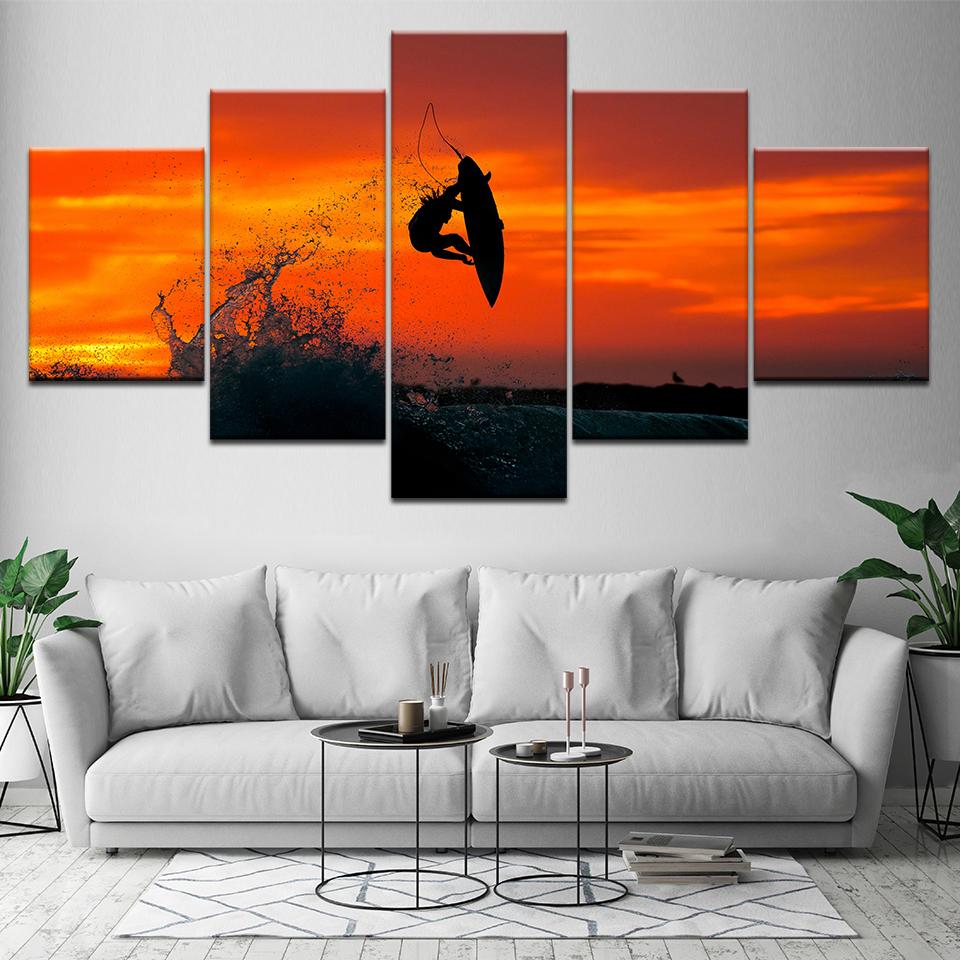 Sea surfing with sunset sky 5 Piece Wallpapers Art Canvas Print modern Poster Modular art painting for Living Room Home Decor